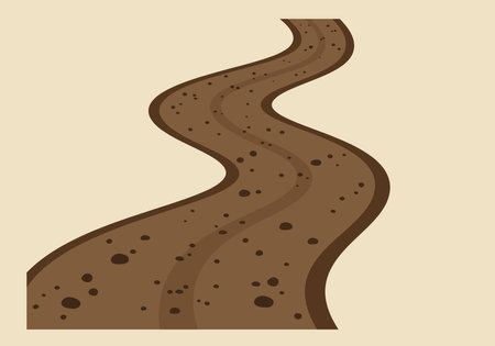 Dirt road clip art. A winding brown dirt road with scattered dark spots on a beige background. Vector illustration design.のイラスト素材