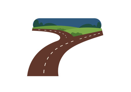 Fork in the road clip art. A brown road splits into two paths with green hills and trees in the background. Vector illustration design.のイラスト素材