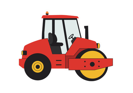 Road roller clipart. This image shows a red road roller with a large yellow front drum and a black...