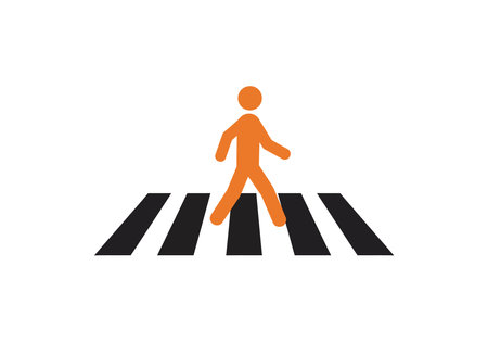 Pedestrian crossing clipart. This image shows an orange pedestrian figure walking on a black and white crosswalk. Vector illustration design.のイラスト素材