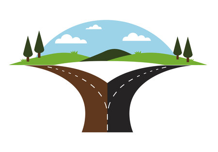 Fork in the road clipart. This image shows a fork in the road with two paths diverging, one brown and one black, set against a scenic background with trees, hills, and clouds. Vector illustration design.のイラスト素材