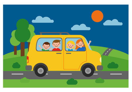 Family road trip clip art. A yellow van with four people inside driving on a road with trees, clouds, and the sun in the background. Vector illustration design.のイラスト素材