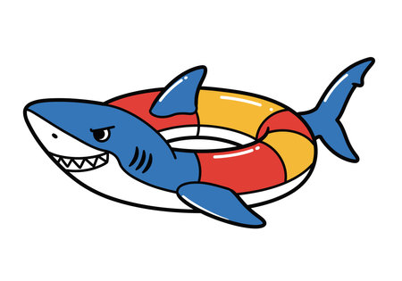 Pool shark clip art. A cartoon shark with a blue body and white belly combined with a colorful red and yellow inflatable ring. Vector illustration design.のイラスト素材