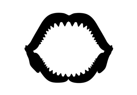 Shark jaw clip art. Black and white silhouette of an open shark jaw with sharp teeth. Vector illustration design.のイラスト素材