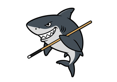 Pool shark clipart. A cartoon shark holding a pool cue with a confident expression. Vector illustration design.のイラスト素材