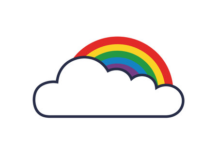 Rainbow cloud clip art. A colorful rainbow with red, orange, yellow, green, blue, and purple arcs partially hidden behind a white cloud. Vector illustration design.のイラスト素材
