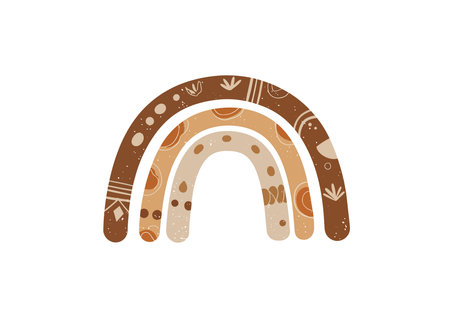 Boho rainbow clip art. This image shows a boho-style rainbow with three arches in brown, beige, and tan colors, decorated with various patterns and shapes. Vector illustration design.のイラスト素材