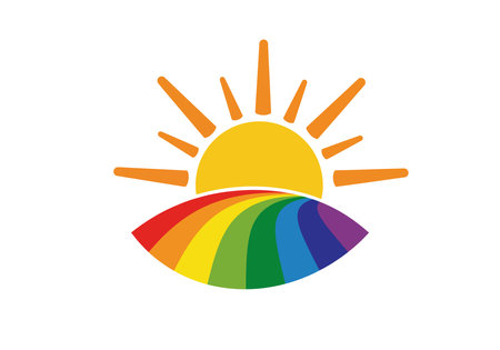 Sun and rainbow clipart. This image shows a bright yellow sun with orange rays rising over a rainbow-colored hill. Vector illustration design.のイラスト素材