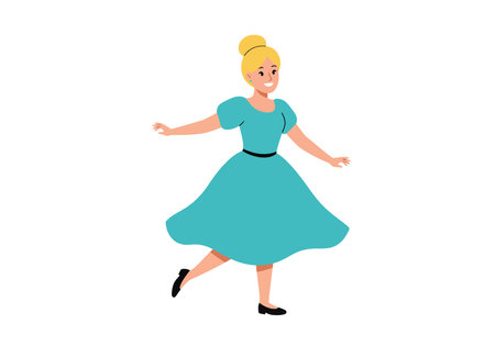 Dancing queen clip art. A person in a teal dress with a black belt and black shoes is dancing with arms outstretched. Vector illustration design.のイラスト素材