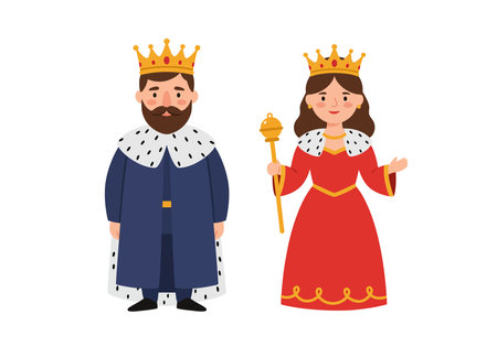 Clipart king and queen. The image shows a king and queen in royal attire with crowns and a scepter. Vector illustration design.のイラスト素材