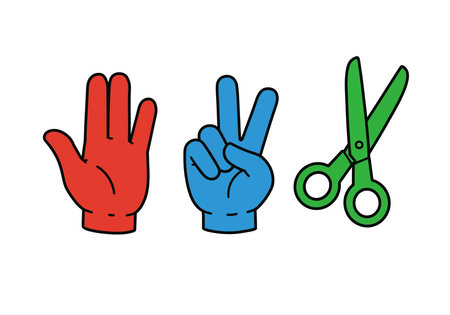 Clipart rock paper scissors. Red hand showing paper, blue hand showing rock, green scissors. Vector illustration design.のイラスト素材