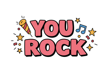 Clip art you rock. This image shows the text "YOU ROCK" in bold, pink letters with a black outline, surrounded by celebratory elements like stars, a party popper, and musical notes. Vector illustration design.のイラスト素材
