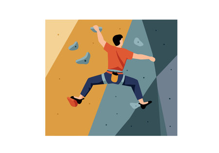 Clip art rock climbing. A person is rock climbing on an indoor wall with colorful holds. Vector illustration design.のイラスト素材