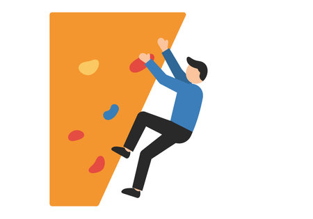 Wall climbing clipart. A person is climbing an orange wall with colorful holds. Vector illustration design.のイラスト素材