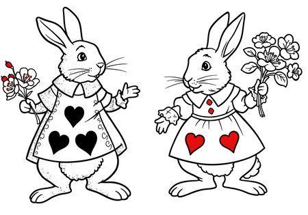 Alice wonderland rabbit clipart. Two rabbits holding flowers, dressed in heart-themed outfits. Vector illustration design.のイラスト素材