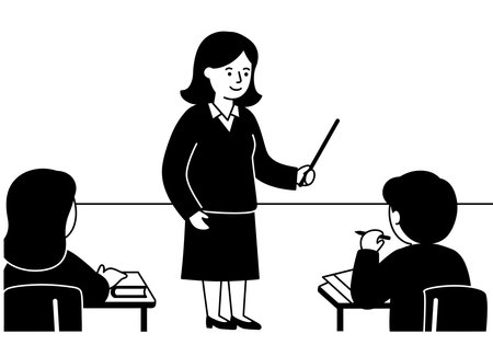 Female teacher clipart black and white. A teacher stands in front of two students holding a pointer. Vector illustration design.のイラスト素材