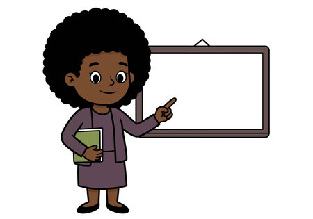 Black female teacher clipart. A teacher with curly hair, holding a book, points at a blank whiteboard. Vector illustration design.のイラスト素材