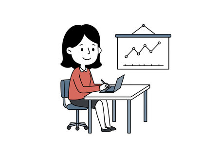 Teacher training clipart. A person is sitting at a desk with a laptop, writing, and a chart is displayed on the wall. Vector illustration design.のイラスト素材
