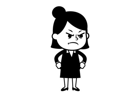 Angry teacher clipart. This image shows a cartoon teacher with hands on hips, wearing a suit and skirt. Vector illustration design.のイラスト素材