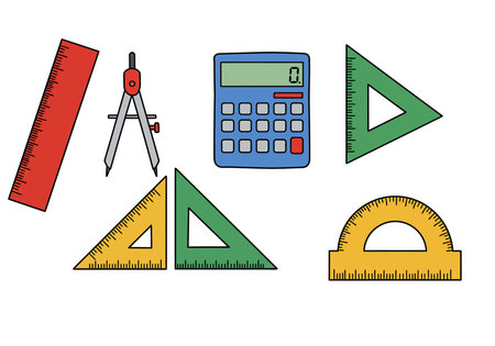 Math tools clipart. This image shows various math tools including a red ruler, a compass, a blue calculator, two green triangles, a yellow triangle, and a yellow protractor. Vector illustration design.のイラスト素材