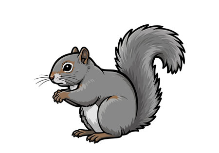 Gray squirrel clip art. A cute gray squirrel with a bushy tail and big eyes, holding its paws together. Vector illustration design.のイラスト素材