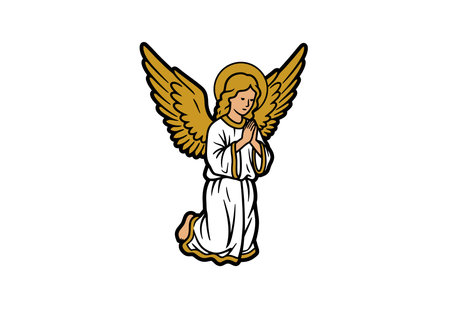 Angel praying clipart. This image shows an angel with golden wings and halo, kneeling and praying in a white robe. Vector illustration design.のイラスト素材