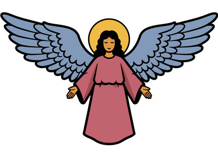 Angel Gabriel clipart. An angel with blue wings, a yellow halo, and a pink robe stands with open arms. Vector illustration design.のイラスト素材