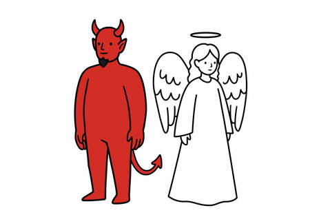 Devil and angel clipart. A red devil with horns and a tail stands next to a white angel with wings and a halo. Vector illustration design.のイラスト素材