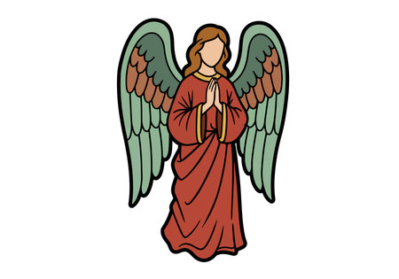 Praying angel clip art. An angel with green wings and a red robe is depicted with hands clasped in prayer. Vector illustration design.のイラスト素材