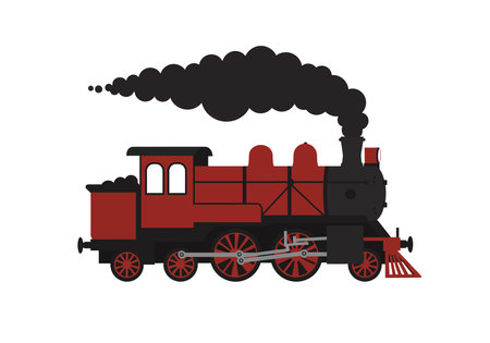 Train smoke clipart. A red and black steam locomotive with smoke billowing from its chimney. Vector...
