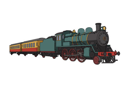 Old train clip art. This image shows a vintage steam locomotive with two passenger cars. Vector illustration design.のイラスト素材