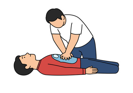 CPR clip art. A person performing chest compressions on another person lying on the ground. Vector illustration design.のイラスト素材