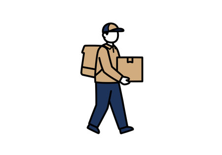 Delivery driver clipart. A delivery driver is walking while carrying a cardboard box and wearing a backpack. Vector illustration design.のイラスト素材
