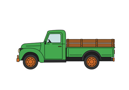 Vintage truck clip art. This image shows a green vintage truck with a wooden cargo bed and orange wheels. Vector illustration design.のイラスト素材