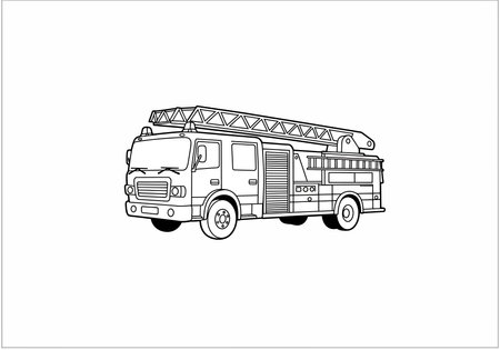 Fire engine clipart black and white. This image shows a detailed line drawing of a fire engine with...