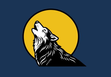 Wolf moon clipart. A wolf howling at the moon with a yellow circular background. Vector illustration...