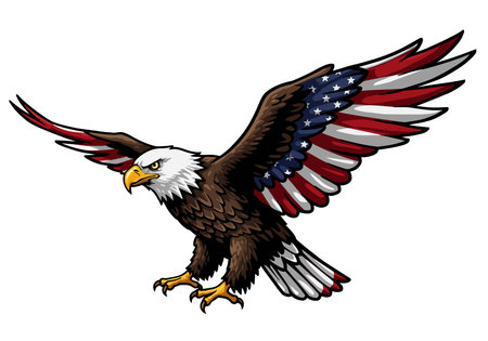 American bald eagle clip art. This image shows a bald eagle with wings spread, featuring the American flag pattern on the wings. Vector illustration design.のイラスト素材