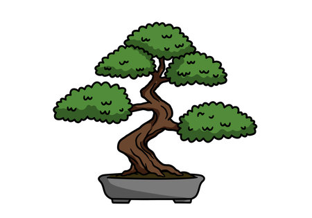 Bonsai clip art. A bonsai tree with green foliage and a twisted trunk in a gray pot. Vector illustration design.のイラスト素材