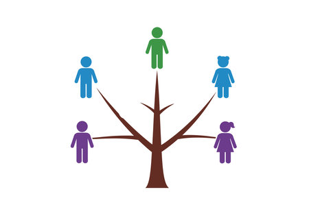 Family tree 5 members clipart. The image shows a tree with five figures representing family members. Vector illustration design.のイラスト素材