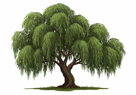 Big willow tree clipart. This image shows a large willow tree with drooping branches and lush green foliage. Vector illustration design.のイラスト素材