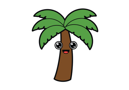 Cute palm tree clipart. This image shows a cartoon-style palm tree with a smiling face and large, expressive eyes. Vector illustration design.のイラスト素材