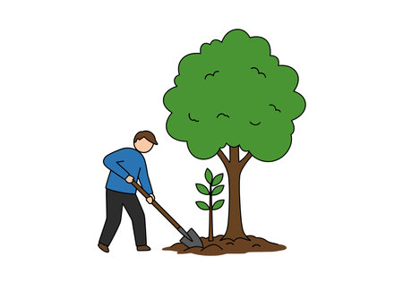 Plant a tree clipart. A man is digging soil near a large tree with a small sapling beside it. Vector illustration design.のイラスト素材