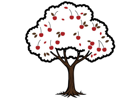 Cherry tree clipart. A cherry tree with red cherries and brown leaves on a white background. Vector illustration design.のイラスト素材
