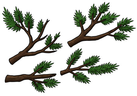 Branches clipart. Four brown tree branches with green leaves on a white background. Vector illustration design.のイラスト素材