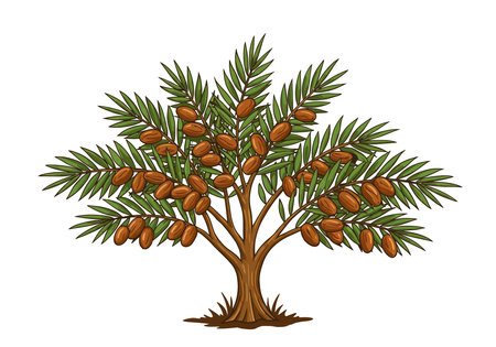 Date tree clipart. A date palm tree with green leaves and clusters of brown dates. Vector illustration design.のイラスト素材