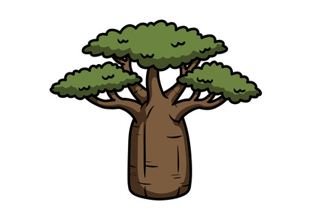 Baobab tree clip art. This image shows a stylized baobab tree with a thick trunk and broad, green canopy. Vector illustration design.のイラスト素材