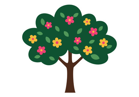 Flower tree clipart. This image shows a tree with green leaves and colorful flowers. Vector illustration design.のイラスト素材