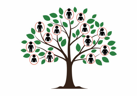 Family tree clipart. This image shows a tree with branches and leaves, with icons of people in circles representing family members. Vector illustration design.のイラスト素材