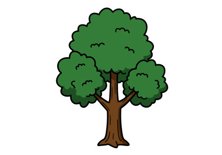 Elm tree clipart. This image shows a cartoon-style elm tree with a brown trunk and green foliage. Vector illustration design.のイラスト素材