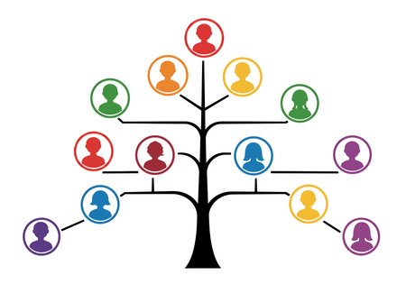 Ancestors clipart. This image shows a family tree with colorful silhouettes representing different family members. Vector illustration design.のイラスト素材